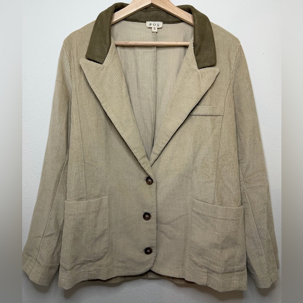 POL Beige Corduroy Oversized Barn Blazer with Olive Green suede Collar Size S